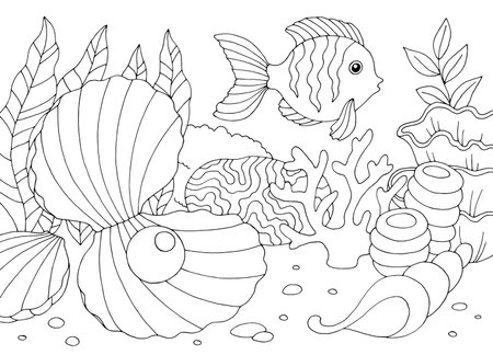 Underwater pearl shell sea graphic black white sketch illustration vectorのイラスト素材