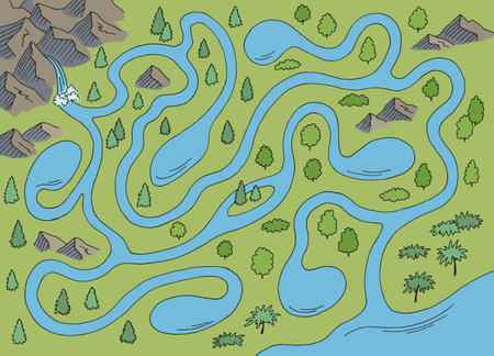 River maze graphic color sketch map top aerial view illustration vectorのイラスト素材