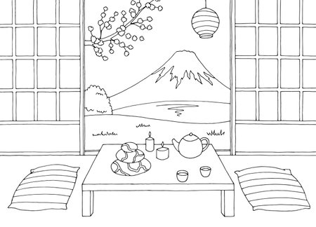 Living room Asia style graphic black white home interior sketch illustration vectorのイラスト素材