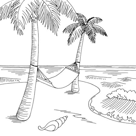 Hammock between palm sea coast graphic black white landscape sketch illustration vectorのイラスト素材