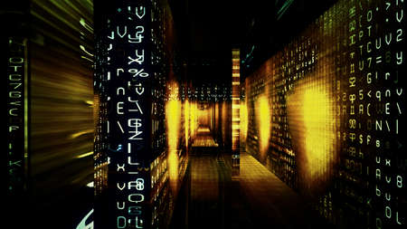 Futuristic digital technological display with numbers, letters and light effects.