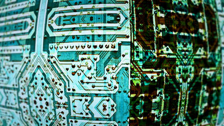 Close up on a graphic blue integrated circuit board.の写真素材
