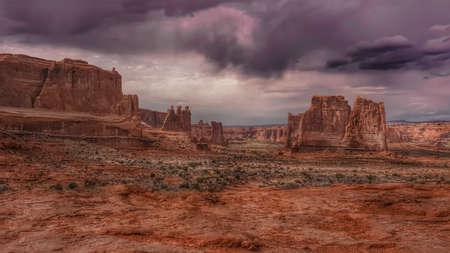 Red Rock Formations on a vast Utah plain in Arches National Park.の写真素材