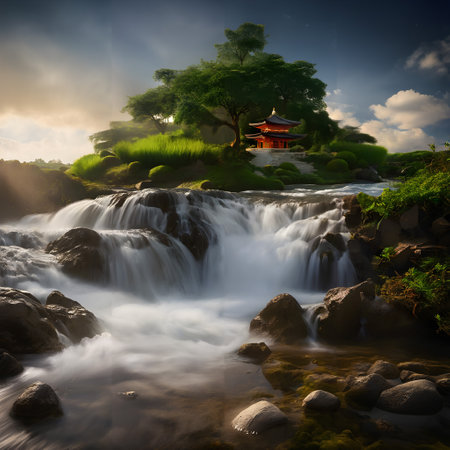 This digital illustration captures the serene beauty of a waterfall cascading down a rocky landscape. The waterfall, the primary focus of the image, is robust and dynamic, embodying the vitality of nature. Its a breathtaking sight, as the water gushes down, splashing against the rocks and creating a mesmerizing spectacle. Amidst this natural wonder, theres a small pagoda nestled, subtly illuminated and adding a touch of human presence to the scene. Its classic architectural design gives the image a timeless feel, providing a sense of tranquility amidst the raw force of the waterfall. The landscape is further adorned with lush greenery, including a prominent tree that stands tall and firm, adding depth to the image. The foliage, saturated with moisture from the waterfall, appears vibrant and full of life. The sky above is filled with clouds, suggesting a cool, overcast day. The presence of the river and other water resources in the image hint at a thriving ecosystem, nourished by the waterfall. The overall scene is an enchanting blend of natural elements, making it a perfect representation of an outdoor water landscape.の素材