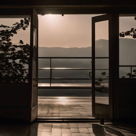 This digital illustration captures a serene, architectural scene with a door as its focal point. The door is wide open, inviting the viewer to look beyond it. The sunlight that spills through this doorway paints a warm, inviting picture, hinting at the world outside. Theres a picturesque view of a lake visible through the doorway. The calm water of the lake mirrors the sky above, creating a captivating reflection of trees on its surface. This reflection, coupled with the real trees surrounding the doorway, create a harmonious blend of nature and architecture. The building itself has a window, adorned with a single, delicate flower, adding a touch of nature to the otherwise man-made structure. The window frames a tree, adding more depth to the image and balancing the overall composition. The picture also features a close-up view of a tile floor, which appears to lead the viewers eye towards the open door. The image is a mix of indoor and outdoor elements, with a clear contrast between the solid, man-made structures and the fluid, natural elements outside. This image is not just a black and white landscape, its a blend of elements that together create a stunning view that is both tranquil and inviting. The sun, the trees, the water, and the open door all combine to create a sense of peaceful harmony that draws the viewer in.の素材