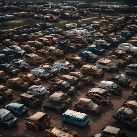 From a birds-eye view, you can see a vast collection of old cars spread out in an outdoor setting. The scene is dominated by shades of black and grey, giving it a somewhat somber tone. The cars vary in type, with most identifiable as land vehicles, and a few distinctly recognizable as trucks. Among the vehicles, a blue van stands out with its roof in clear view. Another notable vehicle is a brown car that appears to have a broken door, adding to the overall aged and weathered look of the collection. Theres also a car with a shattered windshield, suggesting it has been through a significant accident. In another part of the area, theres a wrecked car on the road, possibly left there after a crash. A second blue van is noticeable, this time with its door left open. One of the vehicles seems to have substantial body damage, further emphasizing the theme of disrepair and age. The entire scene exudes a sense of nostalgia, a silent testament to the passing of time and the durability of these old machines.の素材