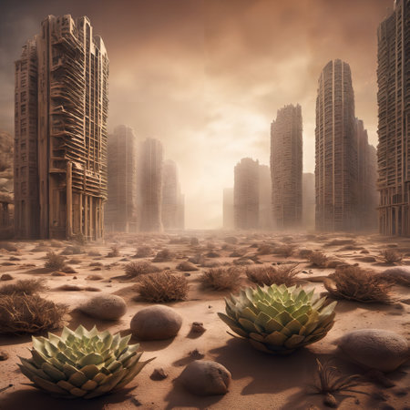 A digital illustration of a drought stricken city. Climate change has caused the desert to take over the city streets.の素材