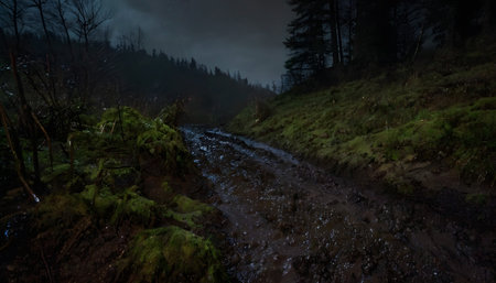 This digital illustration invites you into a quiet moment in nature, captured on a muddy path winding its way through a dense forest. The path, while small, cuts a noticeable line through the soft, natural landscape. The forest is teeming with trees, their bark a rich brown and their leaves a lush green, contributing to an overall atmosphere of tranquility. The scene is enveloped in a thick layer of fog, which lends an air of mystery and wonder to the landscape. The fog obscures the deeper parts of the forest, causing the trees to fade into shadowy silhouettes the further they are from the viewer. This misty veil also dampens the colors of the scene, muting the greens of the plants and the brown of the mud, making the forest appear as though its in a dream or a memory. On closer inspection, the ground is not only muddy but also strewn with small rocks and wet grass, hinting at recent rainfall. The landscape is devoid of any human presence, leaving nature to reclaim its space fully. The absence of any wildlife further amplifies the serene quietness of the scene. This image evokes a sense of solitude and peace, capturing the forests timeless beauty and the enduring patience of nature.の素材
