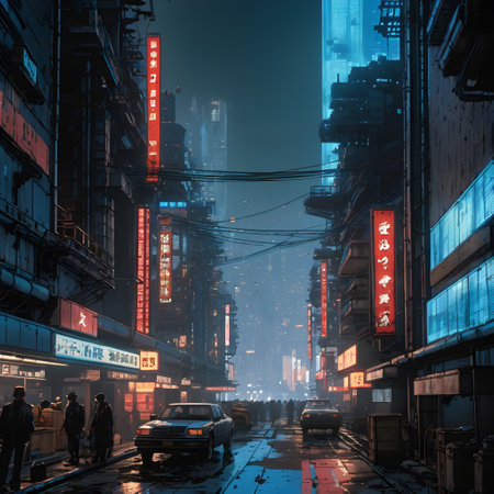 In the digital illustration, we see a bustling city street scene at night. The street is filled with various cars, including one that is prominently in view. This car seems to be parked on the wet road, reflecting the citys lights. Its a rainy night, and the dampness of the streets only amplifies the citys glow. The city around is alive with towering skyscrapers, their lights twinkling against the dark sky. The buildings also possess intriguing reflections, which add depth to the scene. There are also numerous signs adorning the buildings, one of which is red and white. Theres another red sign with writing on it, but its a bit hard to make out what it says. People in jackets can be seen walking along the street, lending a sense of movement to the scene. They appear to be going about their evening, unperturbed by the rain. The citys energy is palpable, the street alive with light, motion, and the hum of urban life. The image is a beautiful representation of city life at night.の素材