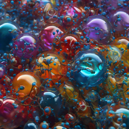 This digital illustration captures the captivating sight of a collection of vibrant, multi-colored bubbles. The bubbles display a striking spectrum of hues, making the image a delightful spectacle of color. The bubbles appear spherical, their round form adding a visually pleasing symmetry to the image. This symmetrical feature is enhanced by the bubbles glossy sheen, which glimmers and reflects light, further adding to the pictures appeal. Interestingly, amidst the bubbles, the image also features what seems to be an animal. Although not entirely clear, it adds a touch of intrigue and curiosity to the scene. The background and foreground are dominated by a warm brown color, which beautifully contrasts the vibrant colors of the bubbles, making them stand out even more. The image could be interpreted as an abstract texture due to the unique combination of elements it presents. The colors, the bubbles, and the hint of an animal presence all contribute to an overall intriguing and visually appealing image. The myriad of colors and the unexpected presence of an animal make this image not just a simple depiction of bubbles, but a fascinating visual journey into the unexpected.の素材