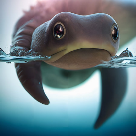 This digital illustration offers a captivating close-up view of an intriguing sea creature. The creature is captured in such vivid detail that you can almost see the subtle movement of its fins. It appears to be swimming effortlessly in its aquatic environment, showcasing the beauty of marine biology. The creature is the dominant object in the frame, taking up a large proportion of the space. An accent of deep blue adds a touch of vibrancy, hinting at the depths of the aquatic world that the creature calls home. The image offers a serene and peaceful look at life below the waters surface, making it an appealing choice for those interested in marine life and the mysteries of the ocean.の素材