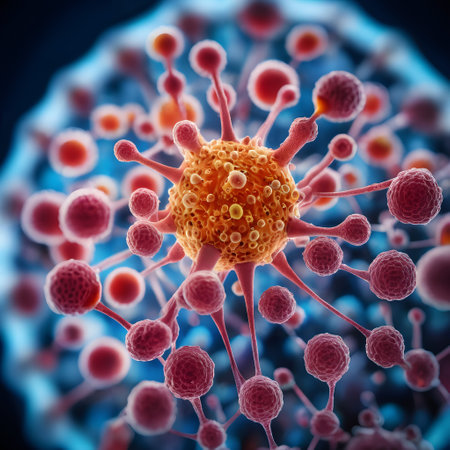 This digital illustration provides a detailed, microscopic view of an organism resembling a virus, capturing the intricacies of its structure. The organism seems to possess numerous small tentacles, giving it the appearance of a marine invertebrate. Additionally, the image bears a certain resemblance to a delicate flower or plant leaf, possibly due to the tentacle-like protrusions that could be mistaken for petals or leaf veins. Its interesting to note that these features are not only present in the center but are spread throughout the frame, suggesting a group of similar organisms making this image a fascinating study of natures microscopic marvels.の素材