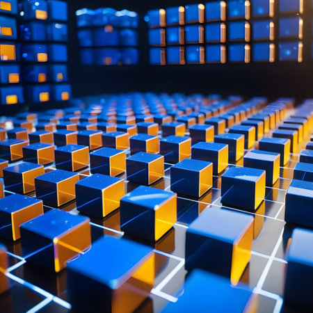 This digital illustration captures an intriguing assembly of geometric shapes, specifically cubes, which are meticulously arranged to create an abstract work of art. These cubes are painted in two primary colors - the majority of them are bathed in a deep shade of blue that dominates the scene, while the rest flaunt a lively shade of orange. The blue cubes are so vivid that they seem to permeate the entire scene, influencing the foreground and background alike. The black undertones in the scene provide a stark contrast to the dominant blue, adding depth and intrigue to the composition. The orange cubes, on the other hand, act as bold accents against the overwhelming blue, their warm hues popping against the cooler shades. The image seems to be set indoors, possibly involving furniture. This assumption is based on the presence of objects resembling a chair, which shares the vibrant blue color of the cubes. Despite the abstract nature of the image, there is an element of familiarity brought about by these suggestive shapes. The overall composition of this image seems to blur the lines between abstract art and functional design. The cubes, while serving as an artistic element, could also be interpreted as functional components of indoor furniture. The striking color combination of blue and orange further enhances the abstract appeal of the image.の素材