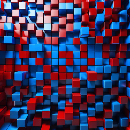 The image portrays an intriguing and visually striking composition of geometric shapes, predominantly cubes. The color palette is dominated by bold, vibrant hues of blue and red. The blue color, which forms the majority of the composition, has a depth reminiscent of a clear, cloudless sky or a calm ocean. The red color, though less prevalent, stands out in its intensity and creates a striking contrast against the blue. The composition is quite abstract, with an almost mathematical precision to it. The pattern formed by the shapes is repetitive, creating a sense of order and balance. Each cube appears to be meticulously placed, contributing to the overall composition. The squares, with their sharp, clean lines, add to the geometric rhythm of the composition. Despite the bold use of color, theres a sense of simplicity and minimalism to the image. The lack of extraneous detail allows the viewer to focus on the interplay of color and form. The pattern and color scheme give the image an almost hypnotic quality, drawing the viewer in. This is a piece that blends the realms of art and geometry, creating a captivating visual experience.の素材