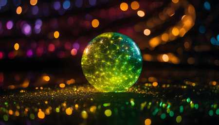 This digital illustration captures a captivating sight of a green and yellow orb that creates an enchanting spectacle with its radiant lights. The orb appears to be a sports ball, adding a unique charm to the overall scene. It is set against an inky black background, amplifying the intensity of the colors. The orb seems to be floating in the night, illuminating the surrounding area with its vibrant glow. The juxtaposition of the bright sphere against the dark backdrop creates a stunning contrast. The lights emanating from the orb have a dreamy quality to them, giving the scene an ethereal touch. Despite the darkness, the object is clearly visible, with its striking green and yellow hues standing out brilliantly. Interestingly, there are hints of brown that subtly accentuate the overall color scheme of the image. The illumination from the orb seems to dance around it, further enhancing the magical ambiance. Overall, the image exudes a sense of mystery and intrigue, making it an intriguing visual treat. The combination of the glowing orb, the muted colors, and the stark darkness creates a spellbinding spectacle, drawing the viewer in with its mesmerizing allure.の素材