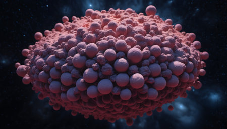 This image captures a close-up view of a cell, bearing striking resemblance to a pink ball floating in the sky. In the realm of abstraction, the viewing angle suggests a planetary perspective, showcasing the sphere as if it were a planet in the cosmos. The cells backdrop is a stark contrast to its vivid pink hue, as it features a deep black color, mirroring the darkness of space. The images design also draws comparisons to marine life, echoing the intricate beauty of coral reefs and marine invertebrates. Its as if youre peering into a hidden underwater world, filled with diverse aquatic species. Despite the cells biological origin, the invertebrate and animal-like qualities are undeniable, adding a layer of complexity to the image. Overall, the image is a fusion of scientific exploration and abstract artistry. It draws influences from nature, both terrestrial and marine, while using contrasting colors to highlight the central subject. The result is a compelling image that sparks curiosity and invites further investigation into the fascinating world of cells.の素材