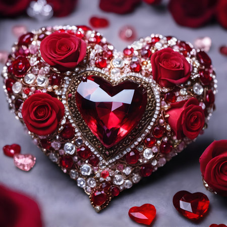 This image captures an exquisite heart-shaped jeweled object, intricately crafted with precious gems and stones, exuding an aura of luxury and elegance. The jewel is radiant, glistening under the light, and resembles the mesmerizing color of a ruby. It draws the eye and the heart with its enchanting allure. In the hearts foreground, a vibrant red rose has been meticulously placed. Its petals are full and lush, their velvety texture adding to the overall romantic ambiance of the image. Another rose is tucked away in the background, its blossoms slightly hidden yet still contributing to the images overall appeal. This composition seems to be a perfect representation of Valentines Day, the day of love. The bold red color dominating the image enhances the romantic mood, while the heart-shaped jewel and roses symbolize love and affection. The image could easily be associated with a fashion accessory or a piece of fine jewelry due to the presence of the heart-shaped jewel. Overall, this image elegantly blends the themes of love, luxury, and fashion, creating a captivating visual narrative that would resonate with anyone who values romance and sophistication.の素材
