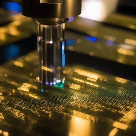 This digital illustration shows a captivating display of technology and light, with the central focus being a cluster geometric gold objects.の素材