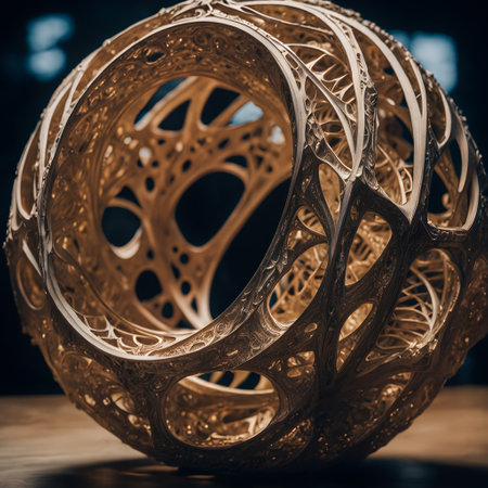 This digital illustration captures a captivating piece of art, an exquisite gold Sacred Geometry object that is resting on a table. The object is made of metal and exudes a certain charm, adding an element of still life photography to the scene. Interestingly, the object takes on the form of a sphere, adding to the geometry-inspired aesthetic of the composition. The image is set indoors, with the backdrop painted in black, allowing the gold object to stand out prominently. Despite the simplicity of the composition, the image is complex in its abstractness. It stimulates curiosity about the sacred geometry object, its origin and its purpose.の素材