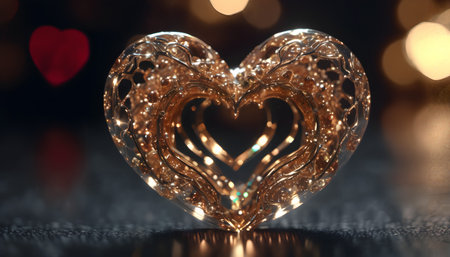 This image features a heart-shaped jeweled object. The object is a striking gold color, thereby enhancing its visual prominence. The heart shape appears to be intricately crafted from gold and jewels, highlighting its lustrous sheen and reflective characteristics. An everlasting symbol of love and affection.の素材