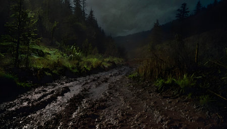 The image depicts a muddy road surrounded by trees and bushes, with a forest in the background. The road appears to be wet and covered in mud, indicating that it has been raining recently. The scene is set at night, as evidenced by the darkness and the moonlight illuminating the area. The combination of the muddy road, the trees, and the nighttime setting creates a somewhat eerie atmosphere.の素材