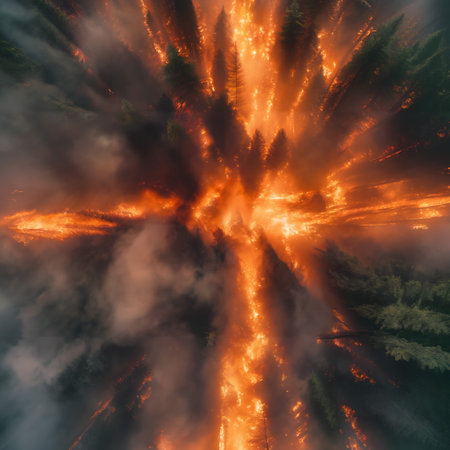 The image depicts an intense scene with trees surrounded by flames, creating a sense of danger and destruction. The fire appears to be spreading rapidly, engulfing the forest in its path. The trees are seen in various positions, some closer to the viewer while others are further away, emphasizing the vastness of the fire. The image captures the essence of natures power and the devastating impact that wildfires can have on our environment.の素材