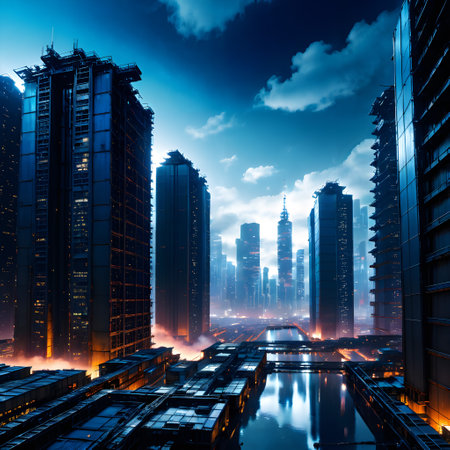 The image depicts a futuristic cityscape with several tall buildings, including skyscrapers and other structures, towering over the urban landscape. The scene is set against a backdrop of clouds in the sky, giving it an atmospheric and dramatic appearance. The city appears to be bustling with activity, as there are numerous cars driving through the streets, contributing to the sense of motion and energy in the image. Overall, the picture captures the essence of a modern metropolis at night, showcasing its architectural marvels and dynamic urban environment.の素材
