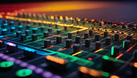 This image features a close-up view of a colorful soundboard with various knobs and buttons, likely used for controlling different aspects of audio production or mixing. The board is filled with an array of knobs in different colors, which may indicate the functions they serve or simply add visual interest to the device. The arrangement of these knobs creates a vibrant and eye-catching display that showcases the complexity and versatility of this soundboard.の素材