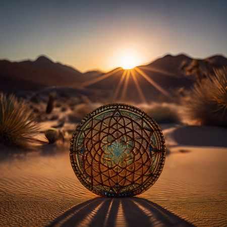 In the image, there is an intricate and visually striking piece of artwork in the foreground, which appears to be a representation of the Flower of Life pattern from Sacred Geometry. This design is often associated with spirituality and symbolizes the interconnectedness of all things. The object stands out against the breathtaking backdrop of the sunset, creating an eye-catching contrast between the natural beauty of the scene and the artistic expression of the Flower of Life pattern.の素材