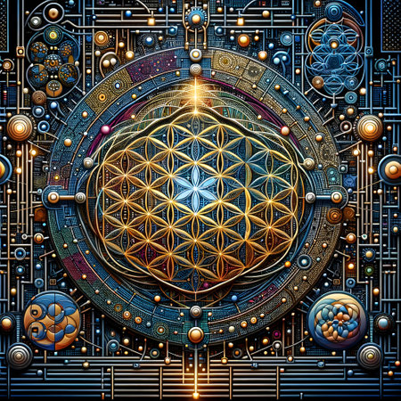 Here is a visual representation that blends the essence of modern computational technology with ancient philosophical concepts, showcasing the connection between neural networks, deep reinforcement learning, artificial intelligence, and Sacred Geometry. Each design intricately merges geometric patterns with digital motifs to symbolize the structured yet dynamic nature of AI systems, reflecting the profound link between ancient wisdom and modern technology.の素材