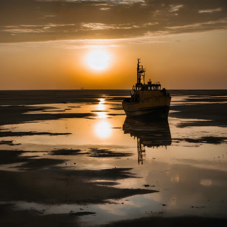 This image captures a serene and picturesque scene at dusk or dawn. The sun is hanging low in the sky, radiating a soft, warm glow that bathes the landscape in golden hues. A fishing boat is grounded on the shore, possibly during low tide, with the water receding to reveal the wet sand beneath. The reflection of the sun is mirrored on the surface of the water, creating a path of shimmering light that leads to the boat. The sky is mostly clear with subtle gradations of orange and yellow near the sun, fading into darker tones as it stretches upwards. In the distance, there is a hint of structures or possibly other boats on the horizon, barely visible in the silhouette against the bright sky. The overall atmosphere is calm and tranquil, with the beauty of the moment encapsulated in the stillness of the boat and the soft shimmer of the light on the water.の素材