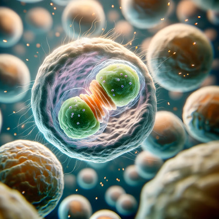 A close-up, highly detailed macro photograph showcasing the process of cell division. The image captures the moment of mitosis, with one cell clearly visible in the process of splitting into two. The background is filled with a blur of cellular activity, emphasizing the singular focus on the cell undergoing division. Natural colors are used to accurately represent the cells structure, including the distinct chromosomes becoming visible as they separate, and the formation of the mitotic spindle. The overall lighting should highlight the intricate details of cellular components, creating a vivid and educational visual.の素材