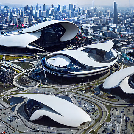 This image shows a modern, futuristic complex of buildings with a very distinctive architectural style. The structures feature smooth, flowing forms that resemble organic shapes, almost like a group of abstract sculptures. The predominant color of the buildings is white, which stands out against the backdrop of a dense cityscape filled with more conventional high-rise buildings. The design of the complex suggests a seamless integration of the buildings with the surrounding network of roads and green spaces. The overall scene conveys a sense of advanced technology and possibly represents a vision of future urban development.の素材