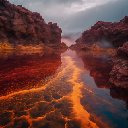 This image depicts a dramatic landscape that is suggestive of an environmental theme, possibly related to global warming. The foreground features a vividly colored body of water in deep red and orange hues, which could represent rising temperatures or pollution. The water surface is smooth, reflecting the dramatic sky above and flanked by what appear to be dense, rust-colored clouds or fog close to the surface, creating an eerie atmosphere. The waterway is bordered by towering, cloud-like formations with a similar red and brown color palette, further enhancing the sense of an otherworldly or dystopian scene. The sky above is overcast with a gradient from dark grey to a warm glow, perhaps symbolizing the ominous presence of climate change. The entire scene has an apocalyptic feel, evoking the consequences of unchecked environmental damage.の素材
