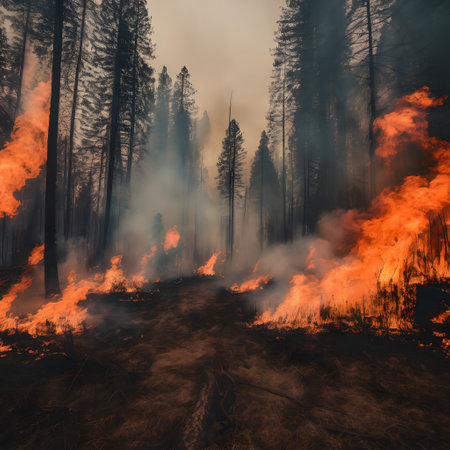 This image depicts a severe forest fire. Flames engulf the underbrush and lick the trunks of tall trees, which are shrouded in smoke, obscuring the forest backdrop. The fires intensity is palpable, with bright orange and red hues dominating the scene, contrasted against the dark silhouettes of the trees. The sky is filled with thick smoke, giving the atmosphere a hazy, ominous quality. Fallen trees add to the chaos, illustrating the destructive power of the fire. The ground is covered in dry, golden-brown grass, which likely contributes to the spread of the fire. Overall, the image captures the fierce and uncontrolled nature of a wildfire.の素材