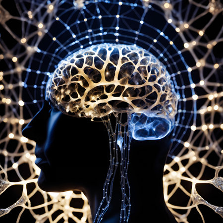 The image depicts an artistic representation of a human head in profile view with an intricate and luminous network structure. This network converges into the shape of a brain, suggesting a connection to neural pathways or a metaphor for thought processes. The brain and the pathways are illuminated, with a glow that stands out against the dark background. The image combines elements of biology and technology, hinting at concepts like artificial intelligence, neural networks, and the intersection of human cognition with digital processes.の素材