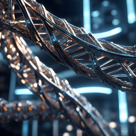 The image depicts a close-up view of a stylized representation of a DNA double helix. The structure is composed of intertwined metal-like strands with intricate details, featuring shining blue lights that seem to highlight the helixs major and minor grooves. The DNA strands have a realistic twist, characteristic of the helical structure of DNA, with the metal components representing the sugar-phosphate backbone and the connectors between the strands suggesting base pairs. The background gives off a cool, bluish hue, adding to the futuristic and high-tech feel of the image, which might suggest themes of biotechnology, genetic engineering, or advanced scientific research.の素材