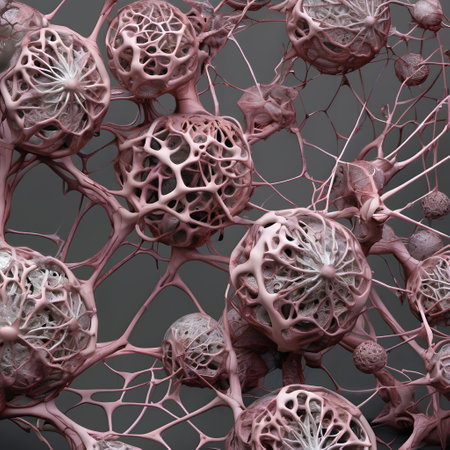 The image appears to be a digitally generated or microscopically enhanced depiction of a complex network structure. It features interconnected nodes with a pinkish-brown color, resembling organic tissue or possibly a representation of some cellular structure. The nodes are of varying sizes and have an intricate pattern, with voids and filaments that make them look like a cross between spongy bone and neural networks. The aesthetic gives a sense of a biological or organic framework, with the detailed textures and colors adding to the lifelike appearance. The background is a neutral grey, putting the focus entirely on the intricate network.の素材
