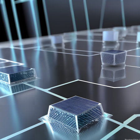 This is a digital illustration image that artistically represents a concept of quantum computing or quantum technology. The image has a futuristic and technological aesthetic with a dark background. There are several cuboid structures that appear to be made of translucent blue material, with illuminated edges that give them a glowing appearance. Each structure has intricate patterns resembling circuits or microchips, suggesting advanced technology, possibly the quantum bits (qubits) that form the basis of quantum computing. The cuboids are connected by thin, light blue lines that form a grid, symbolizing a network or connectivity between the qubits. The reflective floor adds to the overall high-tech and sophisticated feel of the scene.の素材