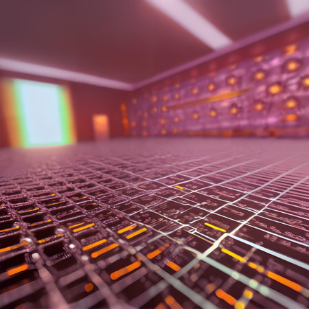 This image portrays an abstract and stylized interpretation of quantum technology. The foreground features a grid-like pattern that could represent a quantum chip or processor, with glowing elements and circuitry suggestive of advanced computing. The patterns are intricate, with lines and nodes that are reminiscent of microchip designs but with a more complex and enigmatic layout, likely signifying the mysterious and intricate nature of quantum computation. Overall, the image is designed to evoke the sense of cutting-edge technology, with a strong focus on the conceptual representation of quantum computing components and processes. The blurring effect suggests a macroscopic view of a microscopic object, emphasizing the advanced and potentially incomprehensible nature of the technology to a layperson.の素材