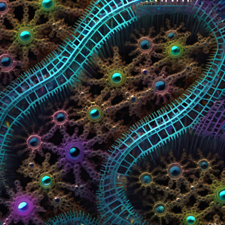 This image displays an intricate and abstract arrangement that resembles a microscopic or molecular level view of structures. Dominant are the fractal-like patterns that mimic organic compounds, with various sized circular nodes that could be interpreted as atoms or molecular bindings. The colors range from deep blues and teals to warm browns and oranges, with highlights in pink and purple, creating a vibrant contrast. These patterns are set against interlocking gears or wheel-like structures that have a more mechanical feel, giving the overall image a fusion of organic and mechanical themes. The complex design conveys a sense of depth and meticulous detail.の素材