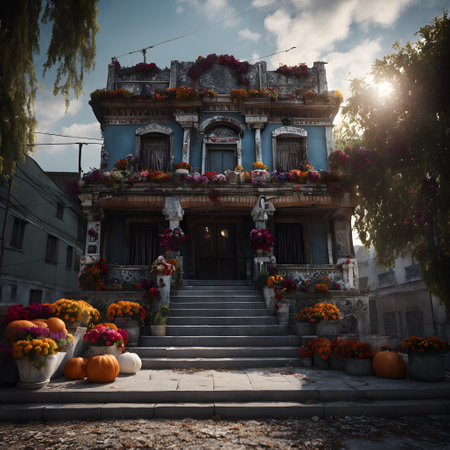 This is an image of a two-story building richly decorated in a style that is indicative of the Day of the Dead celebrations in Mexico. The architecture of the house has a classical design with ornate moldings and balustrades. It is painted in a distressed blue, which gives it an aged look. The entrance has a set of stone steps leading up to a dark wood door, framed by statues and adorned with garlands of vibrant flowers. The atmosphere is calm and peaceful, with a hint of celebration in the air, accentuated by the warm sunlight filtering through the willow-like tree on the left side of the frame.の素材