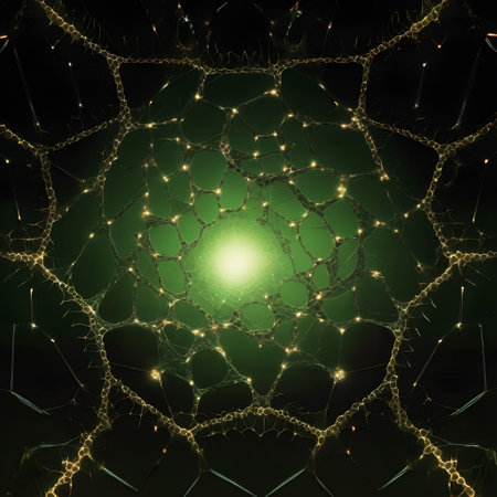 The image presents an abstract concept that could be interpreted as quantum art. It features a glowing green orb at the center, surrounded by a complex web of interconnected lines and nodes that create a mesh-like structure. The lines are a golden color, and they form hexagonal and pentagonal shapes, resembling a futuristic beehive or a molecular structure. The green glow emanates softly from the central orb, casting light on the surrounding mesh and creating an atmosphere of depth. The background is a deep, dark green, accentuating the luminance of the orb and the golden network. This visual could represent a stylized interpretation of atomic or quantum level interactions, conveying a sense of intricate connectivity and energy.の素材