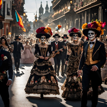 This vibrant image captures a procession with individuals dressed in elaborate costumes that celebrate the traditional Mexican holiday Day of the Dead. The focal point is a group of people adorned in ornate, vintage-style dresses and suits. Their faces are painted to resemble skulls, a hallmark of the festival, symbolizing the dead. The women wear large, intricate hats decorated with a kaleidoscope of colorful flowers, and the men sport top hats, contributing to the formal, festive atmosphere. In the background, we see the bustling street scene of what appears to be a historic town, with architecture suggesting a colonial Spanish influence. The image conveys a sense of movement and celebration, with participants walking and one person strumming a guitar. The flag with the rainbow colors adds a contemporary layer, suggesting a blend of traditional culture with modern expressions of identity and community.の素材