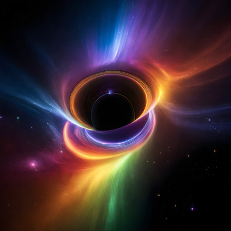 This image features an artistic representation of a black hole. The black hole itself is at the center, depicted as a circular void that distorts the space around it. Surrounding the black hole is a vibrant accretion disk that glows with a spectrum of colors akin to a rainbow reds, oranges, yellows, greens, blues, indigos, and violets. These colors swirl around the black hole, suggesting intense heat and dynamic motion. The background is the blackness of space, sprinkled with stars and nebulous cosmic dust. The light appears to be bending around the black hole, illustrating the intense gravitational pull that even bends the path of light. This image captures the mesmerizing beauty and power of one of the cosmos most mysterious phenomena.の素材