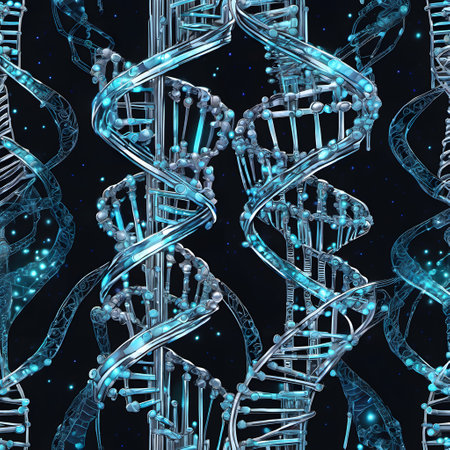 This image features a series of DNA double helix structures set against a dark background speckled with small, star-like points, giving the impression of outer space. The helices are not the usual representation of organic DNA but rather have a mechanical or cybernetic appearance. They are composed of metallic rods, gears, and various mechanical parts that mimic the typical spiral staircase structure of biological DNA, highlighted with luminescent blue nodes at the joints and connection points. The overall effect is a fusion of biology and technology, suggesting a concept of synthetic or digital life forms.の素材