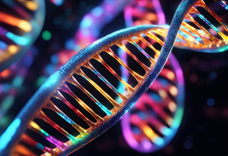 This image displays a close-up, three-dimensional representation of the DNA double helix. The helix structure is brightly colored with a gradient that flows from blue to orange, creating a luminous effect against a dark, bokeh-lighted background. The DNA strands have a metallic sheen, suggesting a synthesis of organic and technological elements, and the image captures the essence of genetic complexity within a visually striking and artistic representation.の素材