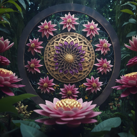 This image showcases a mesmerizing display of sacred geometry intertwined with the intricate patterns of the flower of life. The arrangement of flowers forms a harmonious and balanced composition, reminiscent of the interconnectedness and unity found in sacred geometric principles. Each flower seems to be a unique piece of a larger, divine puzzle, symbolizing the interconnectedness of all living beings and the beauty of natures design. The vibrant colors and varied shapes further enhance the spiritual and mystical aura of the scene, inviting viewers to contemplate the deeper meanings hidden within the natural world.の素材