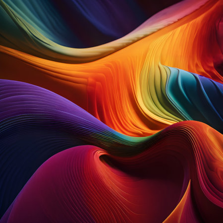 This digital illustration features a vivid, swirling pattern that is a feast for the eyes. The dominant colors are a range of hues, all set against a stark, black background which serves to accentuate the vibrancy of the pattern even more. The image has a strong abstract quality, with the swirling pattern evoking feelings of movement and dynamism. The image bears a striking resemblance to fractal art, a form of algorithmic art created by calculating fractal objects and representing the calculation results as still images. The swirls of the pattern, with their intricate details and complexity, are a characteristic feature of this type of art. Furthermore, the pattern also has a subtle resemblance to the plume of a feather, with the swirls mimicking the vane of a feather. The image, despite its abstract nature, evokes a sense of colorfulness that is both intense and pleasing to the eye. And lastly, there is a hint of an abstract shape woven into the pattern, further enhancing its complexity and appeal. This image is a testament to the beauty of abstract art, using color and form to create an arresting visual spectacle.の素材