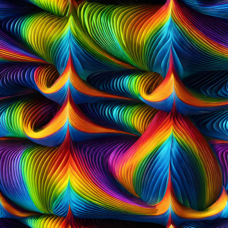 This image displays a mesmerizing pattern with a highly colorful and vibrant palette. The pattern resembles swirling or folded fabric, with each fold transitioning through a spectrum of colors red, orange, yellow, green, blue, indigo, and violet emulating the effect of a rainbow. The waves of color are symmetrical and appear to converge towards the center, creating a kaleidoscopic or fractal-like effect. The intricate details and the smooth gradients suggest a digital art piece designed to showcase a vivid, flowing motion.の素材